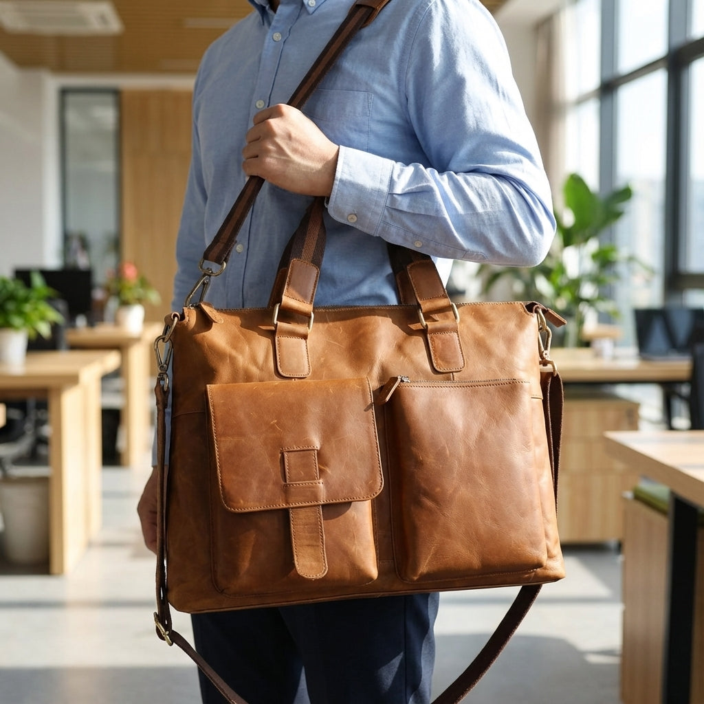 Stilren brun vintage laptopväska för unisex, perfekt för arbete och business, med organiserade fack.