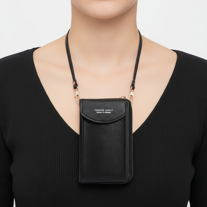 Handsfree damplånbok i PU-läder med justerbart nackband, stilren och organiserad mobilförvaring.