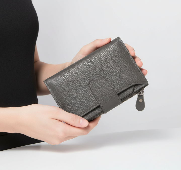 Hållbar läderplånbok för dam, kompakt format med RFID-skydd. En stilren och praktisk accessoar.