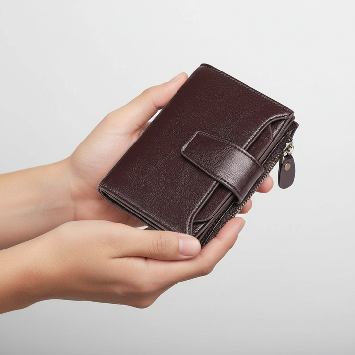 Kompakt läderplånbok med RFID-skydd för kvinnor. Perfekt som stilren accessoar och korthållare.