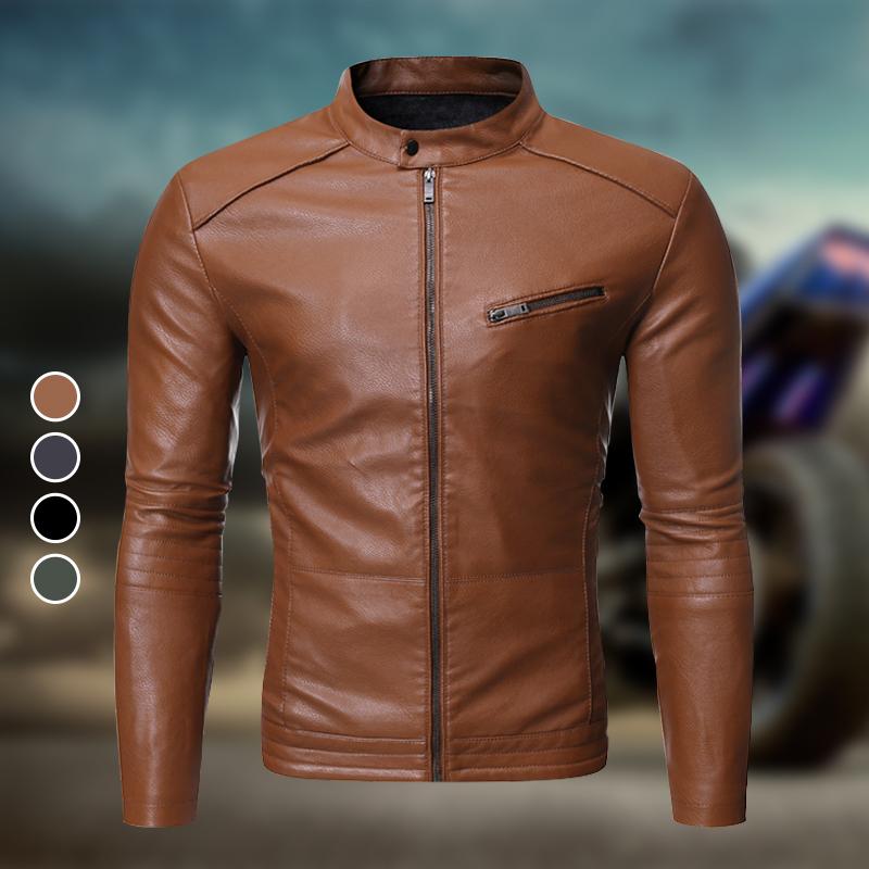 "Stilren herr MC-läderjacka med vindtät design och glänsande detaljer, perfekt för motorcykelkörning."