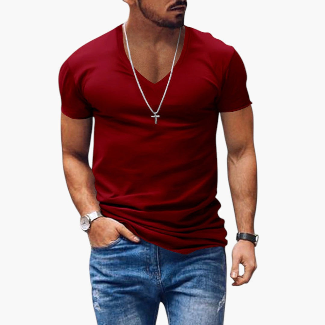 Slim fit herr t-shirt med V-ringning och korta ärmar i enfärgad design. Mångsidigt vardagsplagg för män.