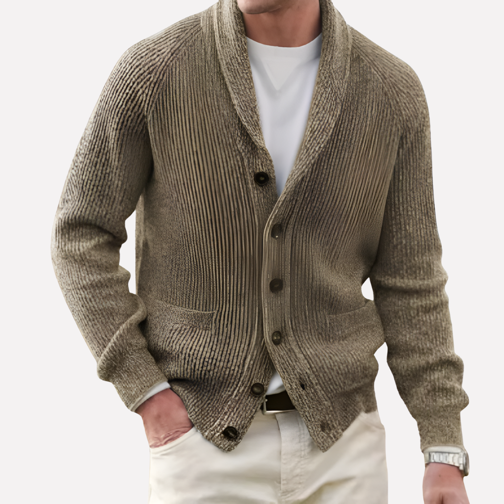 Elegant herrcardigan med sjalkrage och knäppning, mångsidig för vinter- och vardagsbruk.