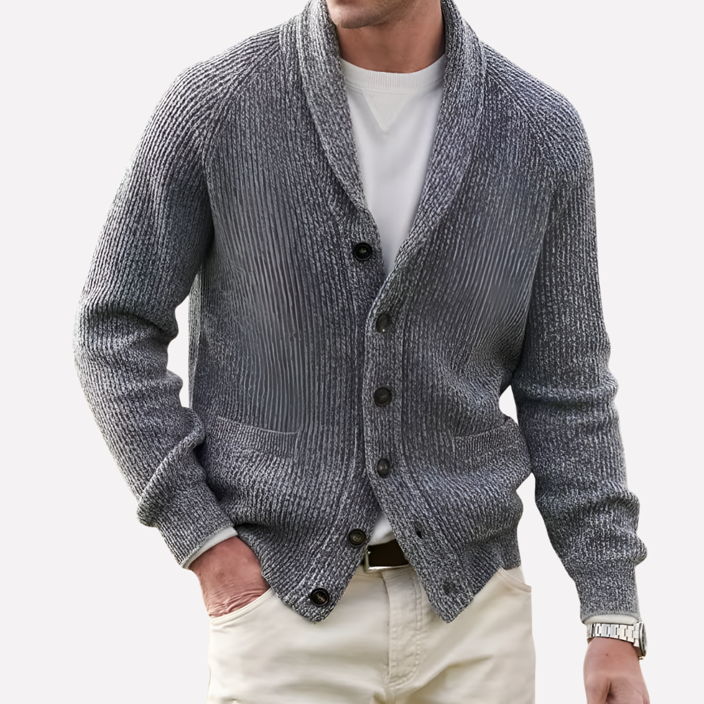 Stilren casual herrcardigan med sjalkrage, stickad för bekvämt vardagsmode och lager-på-lager.