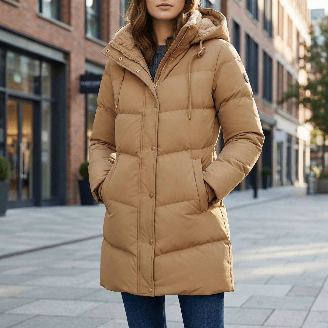Stilren khaki dam vinterparka med huva. Varm vardagsjacka, perfekt ytterplagg för kalla dagar.
