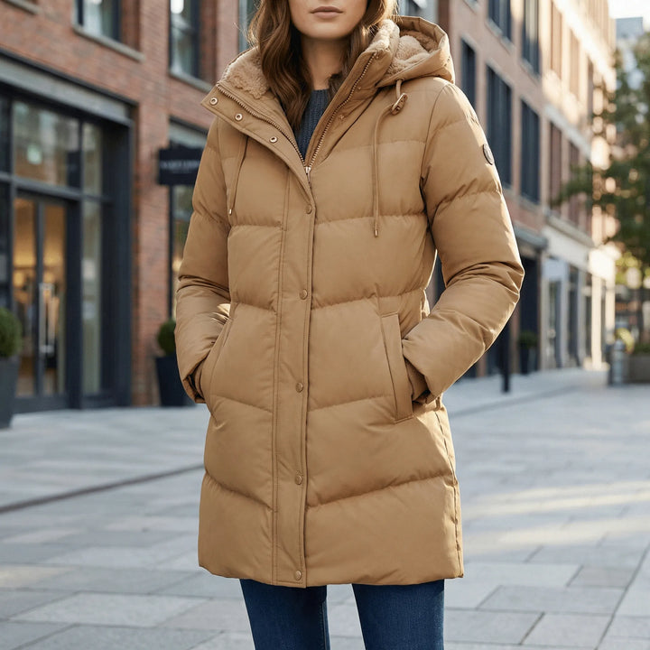 Stilren khaki dam vinterparka med huva. Varm vardagsjacka, perfekt ytterplagg för kalla dagar.