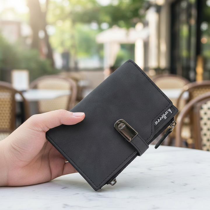 Stilren kort damplånbok i PU-läder med säker magnetstängning. Elegant och organiserad accessoar.