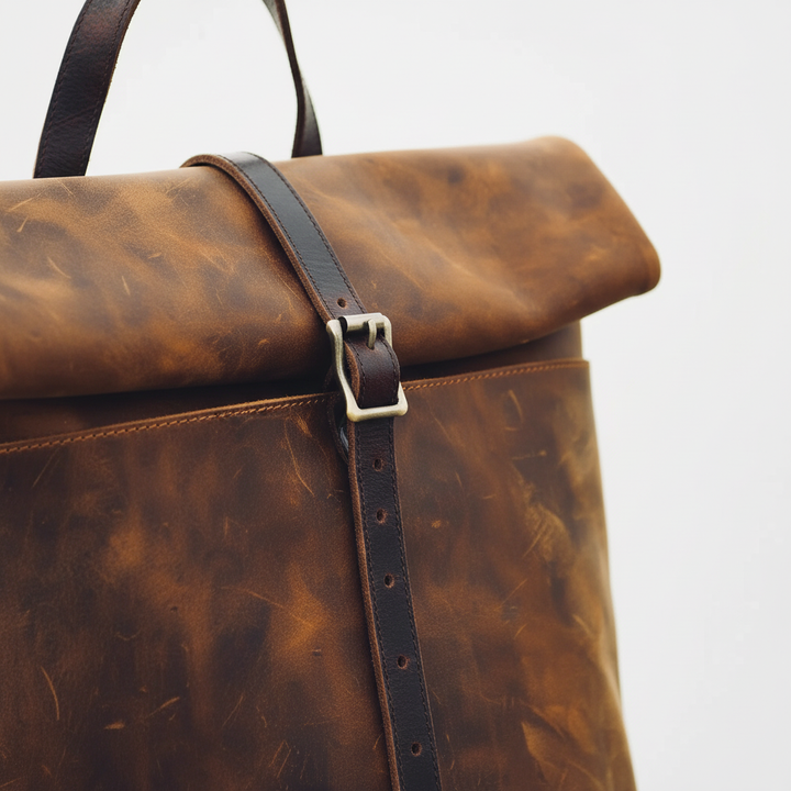 Hållbar vintage läderryggsäck, perfekt som resväska eller skolväska. Stilren design för både män och kvinnor.