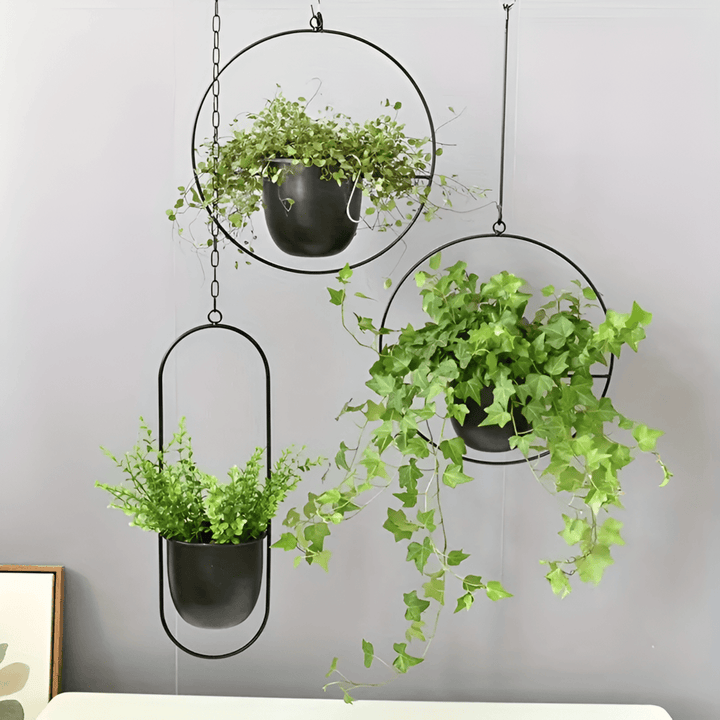 Guldfärgad rund hängande blomkruka, elegant väggdekoration. Modern växtkruka som lyfter rummet.