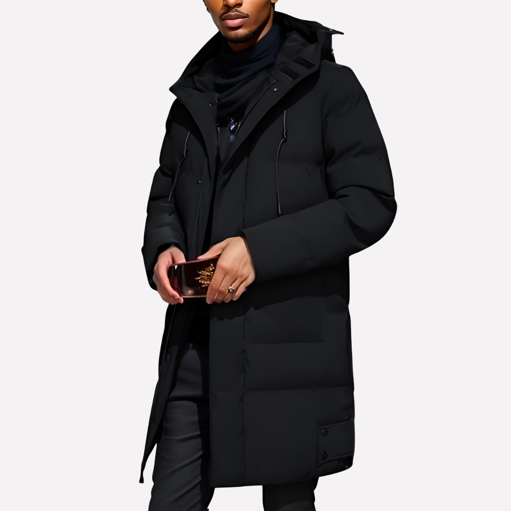 Herrjacka för vinter. Modern design med praktisk huva, håller dig varm och trendig under kalla dagar.