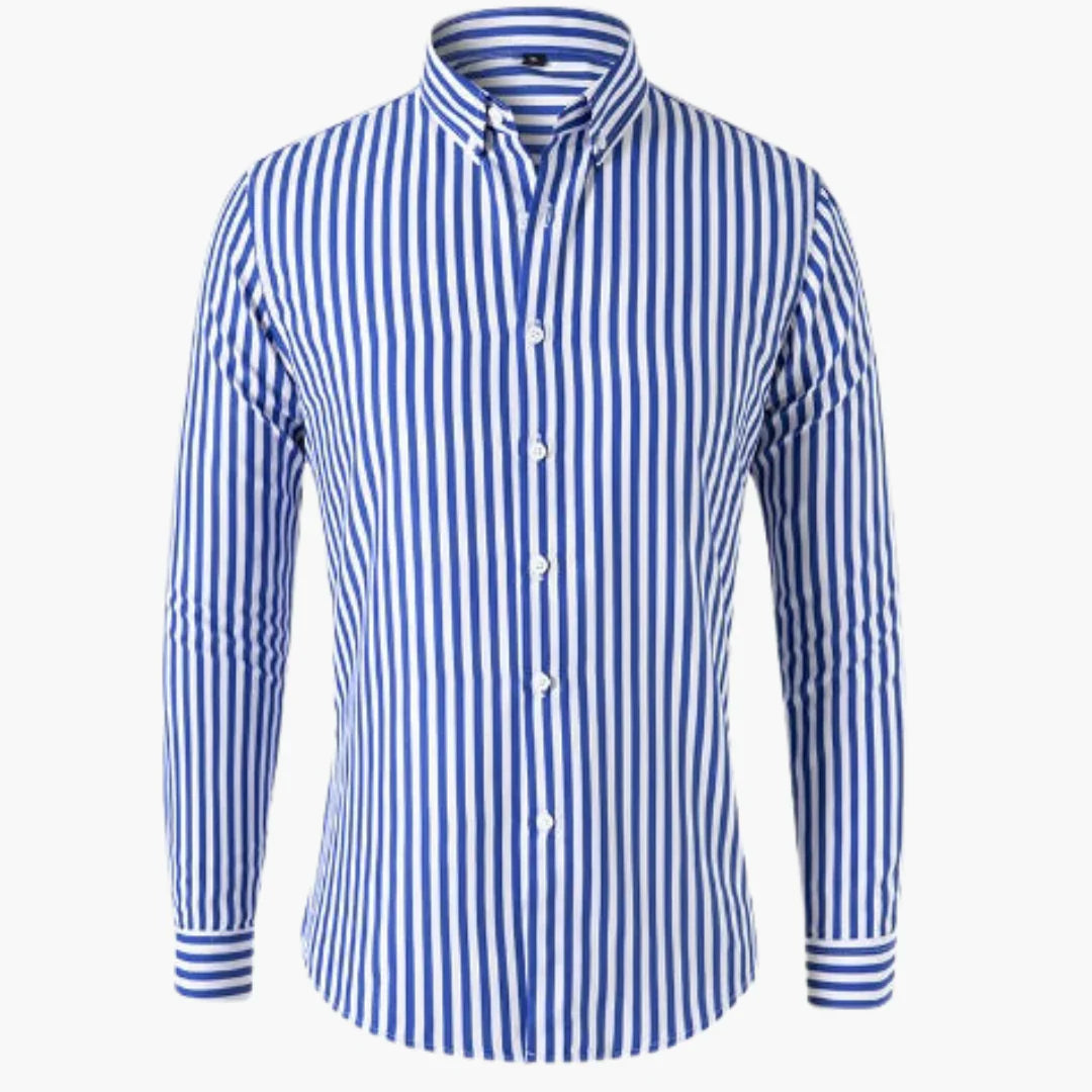 Stilren randig herrskjorta med lång ärm för klassisk vardag eller fest, tidlös design.