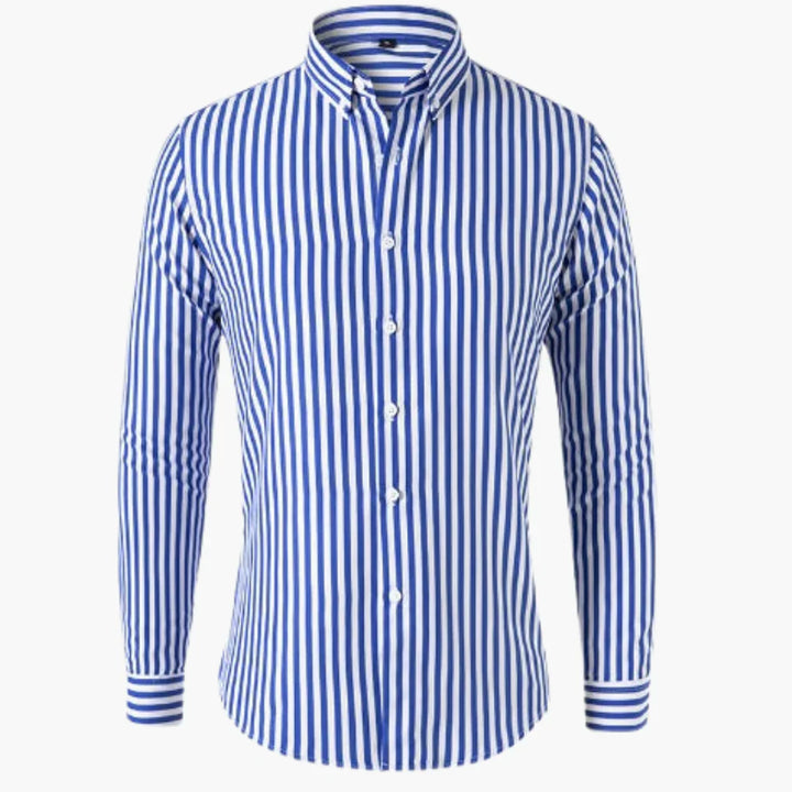 Stilren randig herrskjorta med lång ärm för klassisk vardag eller fest, tidlös design.