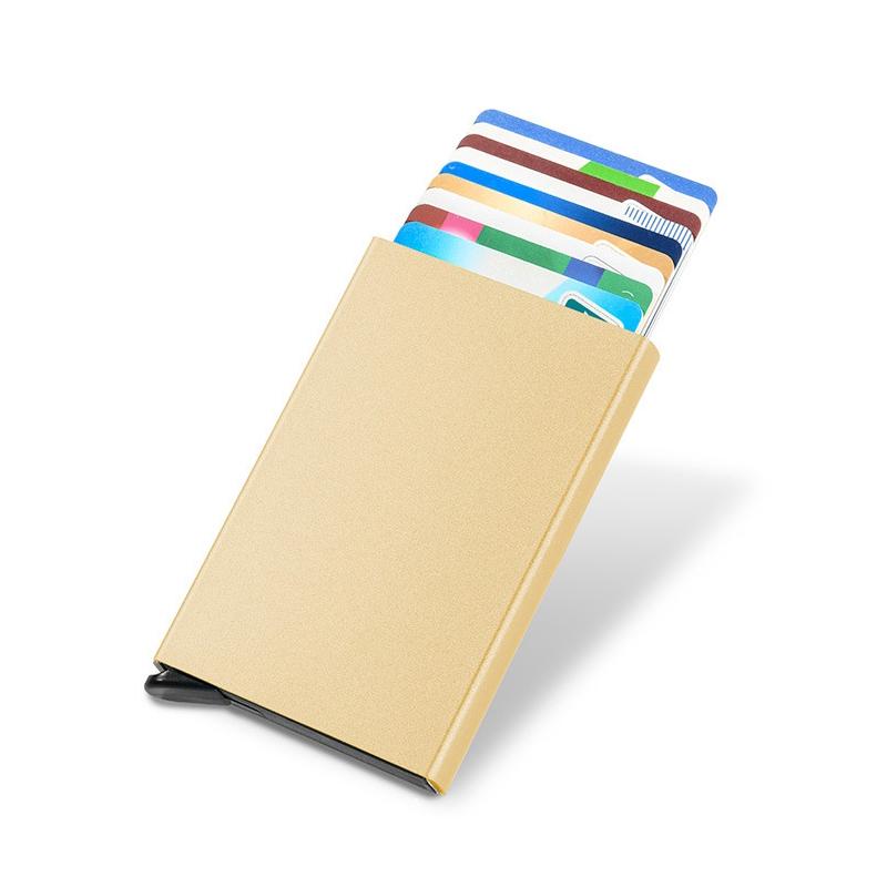 Stilren RFID-blockerande plånbok i aluminiumlegering, kompakt design, skyddar kort mot stöld. Finns i flera färger.