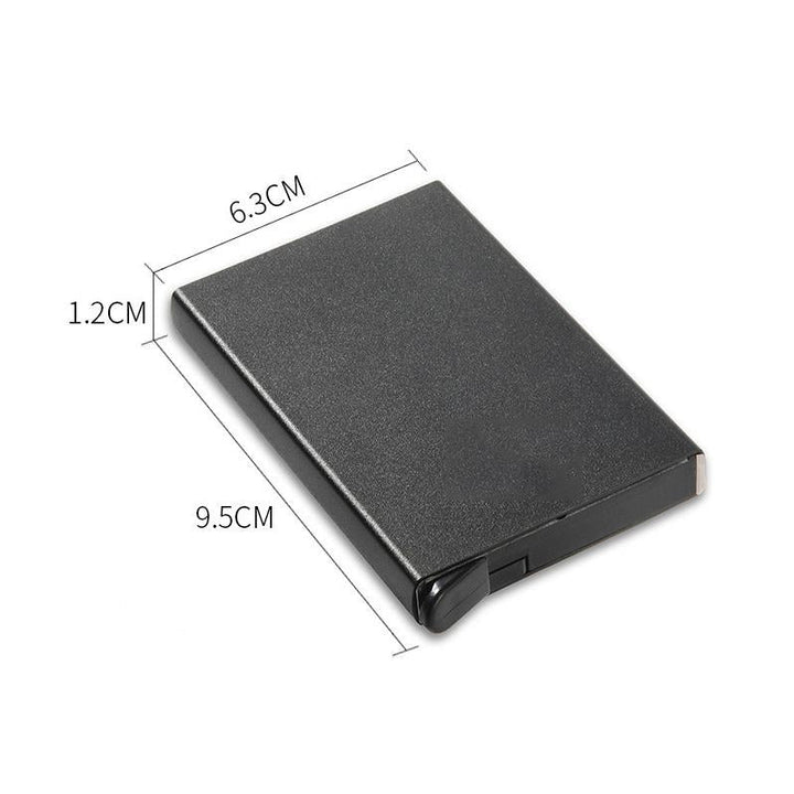 Stilren RFID-blockerande plånbok i aluminiumlegering, kompakt design, skyddar kort mot stöld. Finns i flera färger.