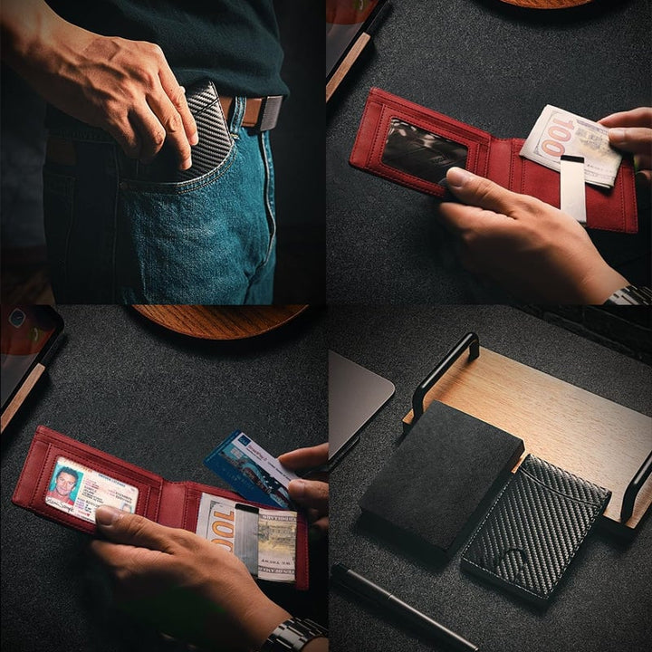 "Stilren RFID-säker läderplånbok för män, slank design i svart läder med elegant mönster, perfekt för framfickan."