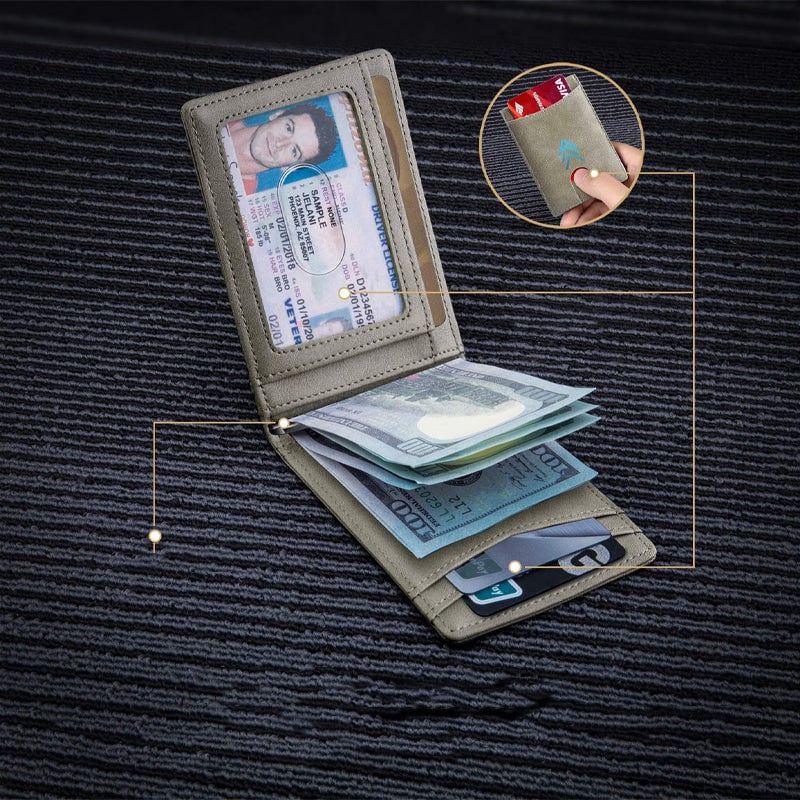 "Stilren RFID-säker läderplånbok för män, slank design i svart läder med elegant mönster, perfekt för framfickan."