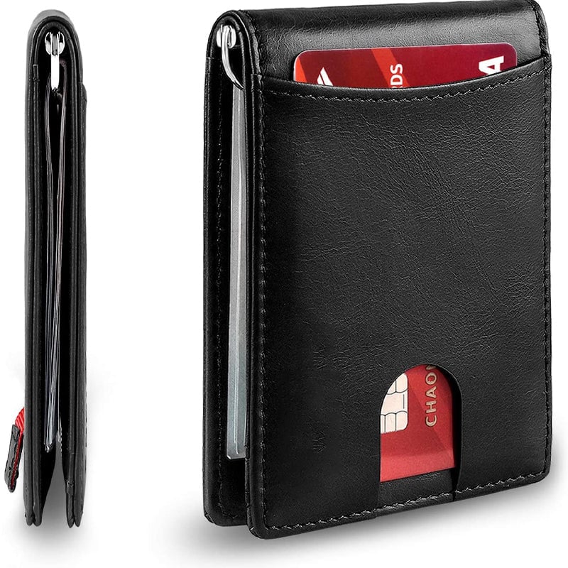 "Stilren RFID-säker läderplånbok för män, slank design i svart läder med elegant mönster, perfekt för framfickan."