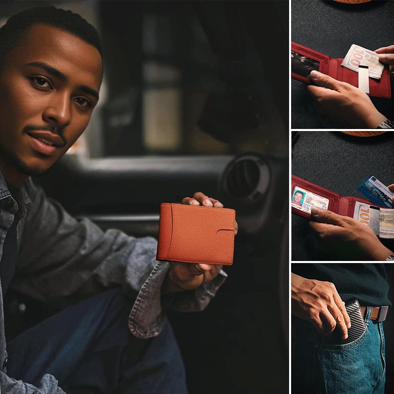 "Stilren RFID-säker läderplånbok för män, slank design i svart läder med elegant mönster, perfekt för framfickan."