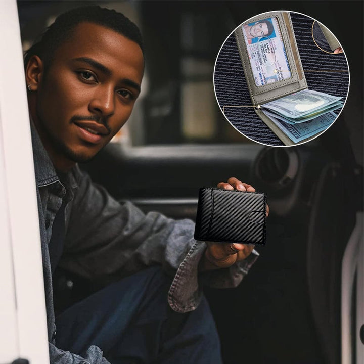 "Stilren RFID-säker läderplånbok för män, slank design i svart läder med elegant mönster, perfekt för framfickan."