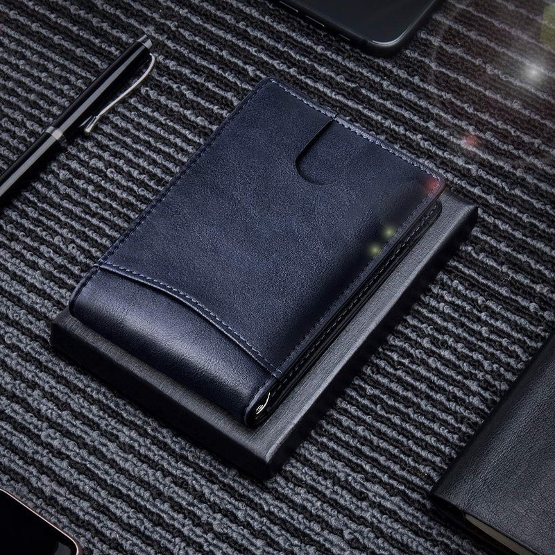 "Stilren RFID-säker läderplånbok för män, slank design i svart läder med elegant mönster, perfekt för framfickan."
