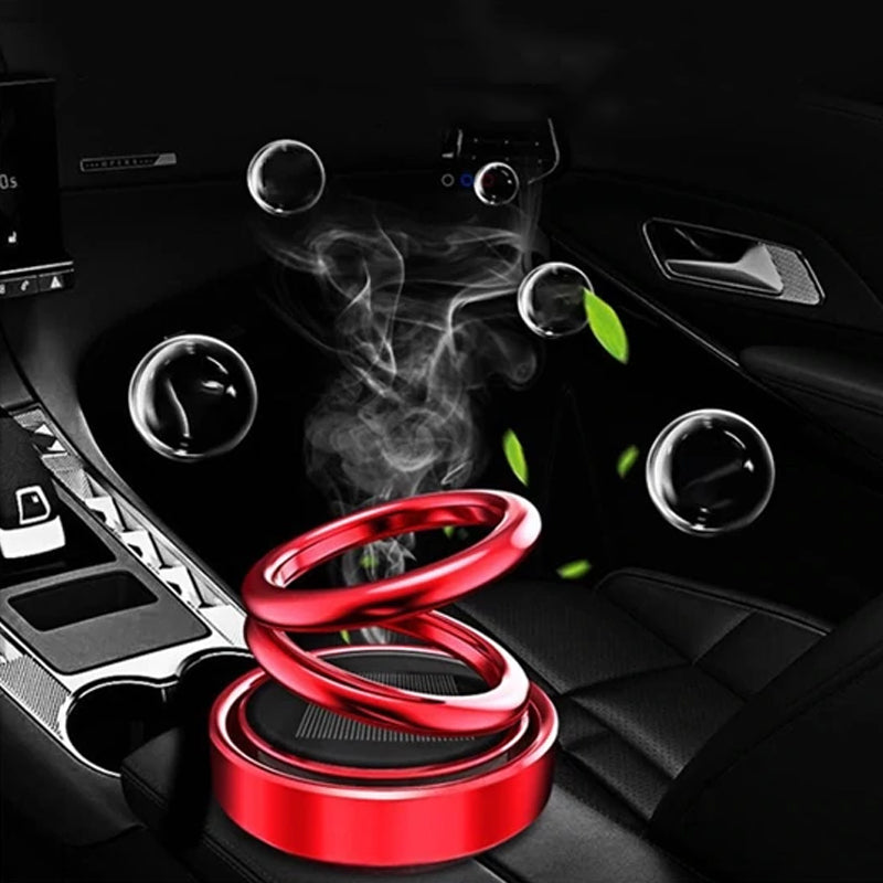 "Stilren soldriven luftrenare för bilar, kompakt och elegant design i svart, silver eller röd aluminiumlegering."