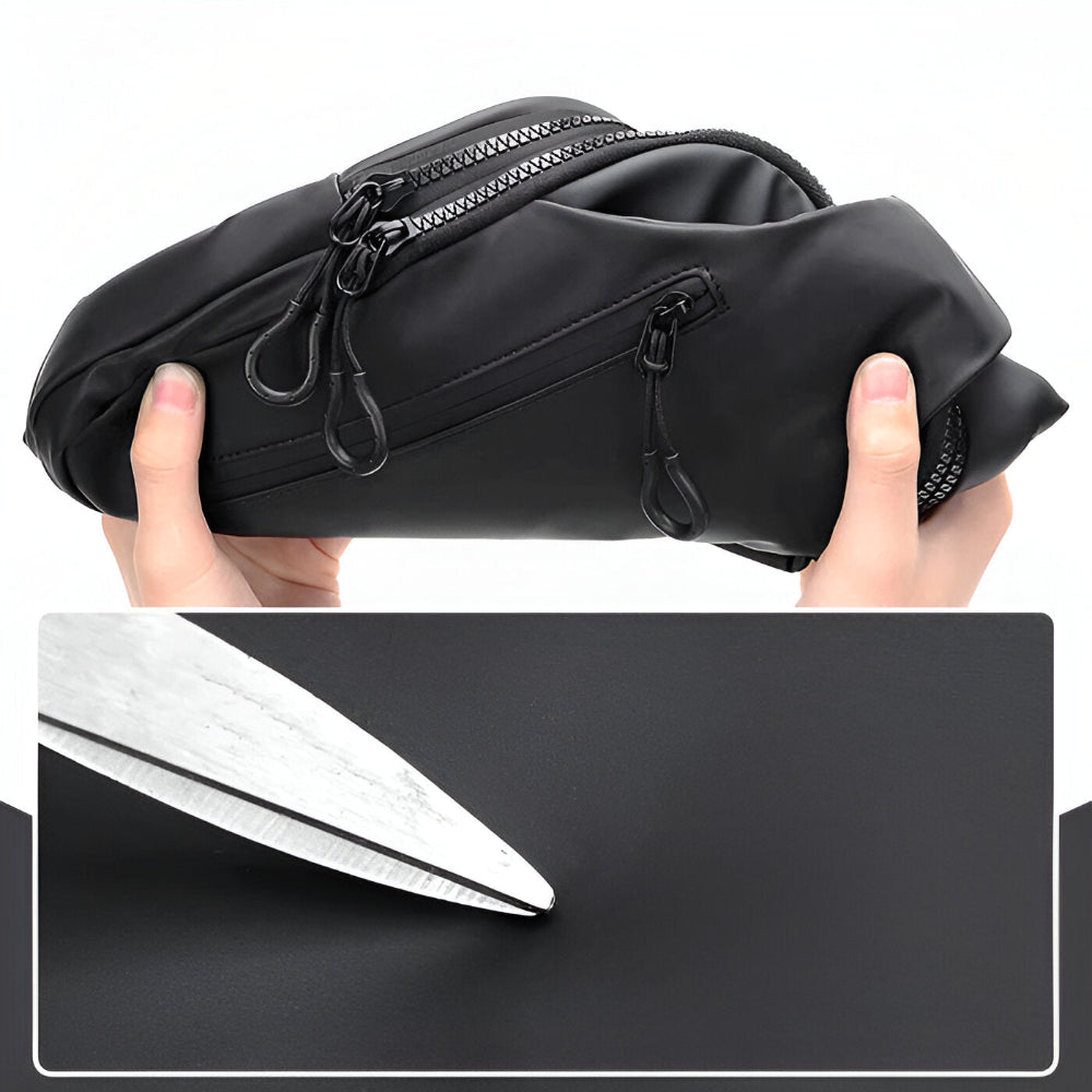 Detaljvy av remmen på justerbar axelremsväska, komfortabel herr crossbody för dagligt bruk.