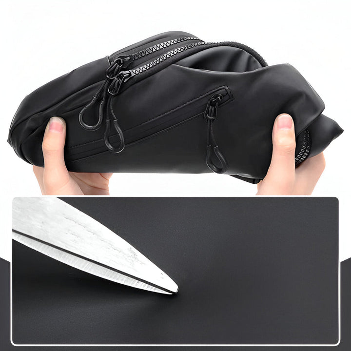 Detaljvy av remmen på justerbar axelremsväska, komfortabel herr crossbody för dagligt bruk.