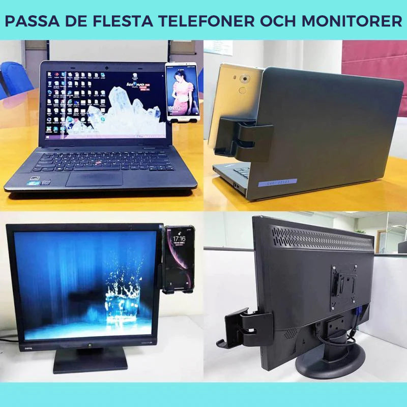 "Stilren svart telefonhållare vid datorskärm, förbättrar interaktion och sparar utrymme, idealisk för smartphones och surfpla