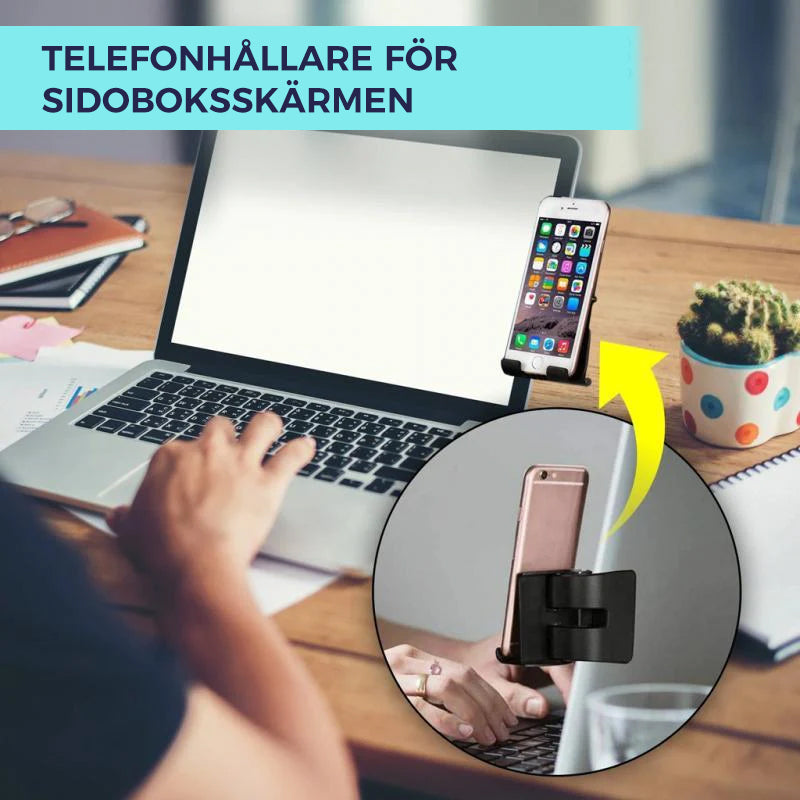 "Stilren svart telefonhållare vid datorskärm, förbättrar interaktion och sparar utrymme, idealisk för smartphones och surfpla