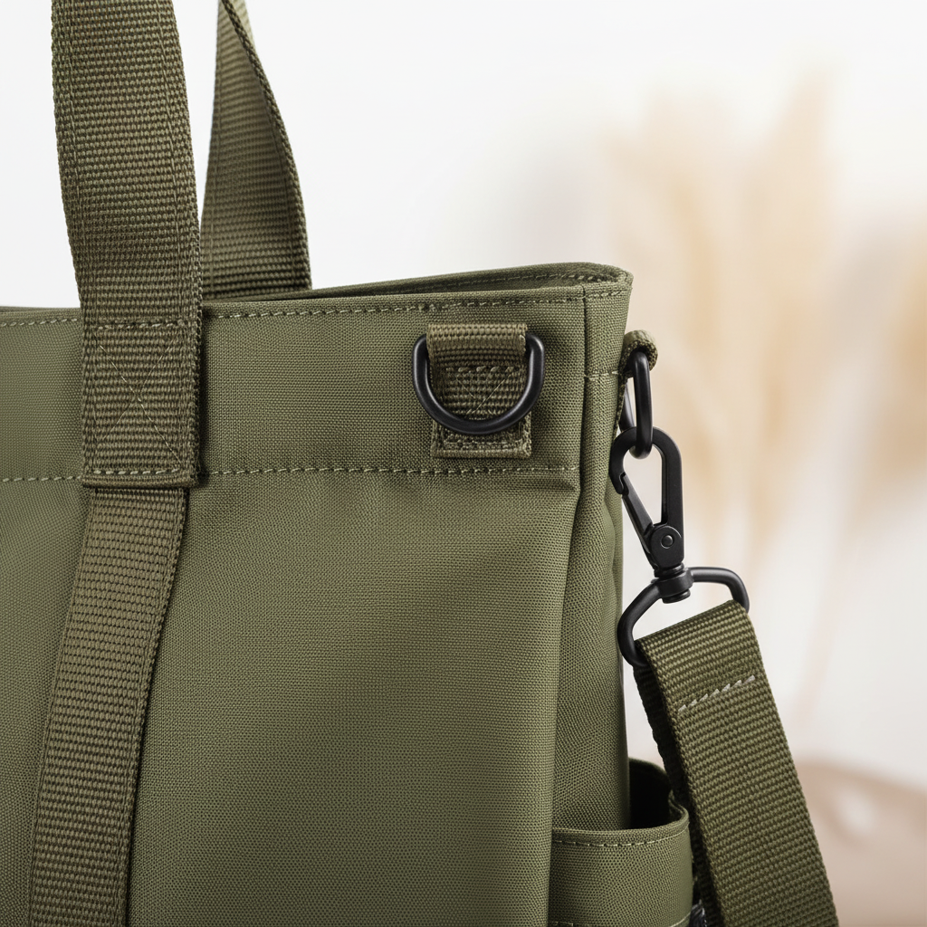 Kvinna bär elegant ToteMax axelremsväska, damväska i urban miljö. Perfekt för laptop och daglig användning.