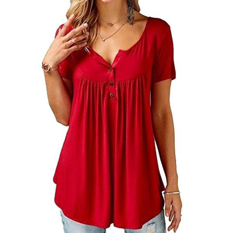 "Stilren t-shirt för kvinnor, enfärgad med ruchad knappdetalj, kort ärm och rund hals, perfekt för enkel elegans."