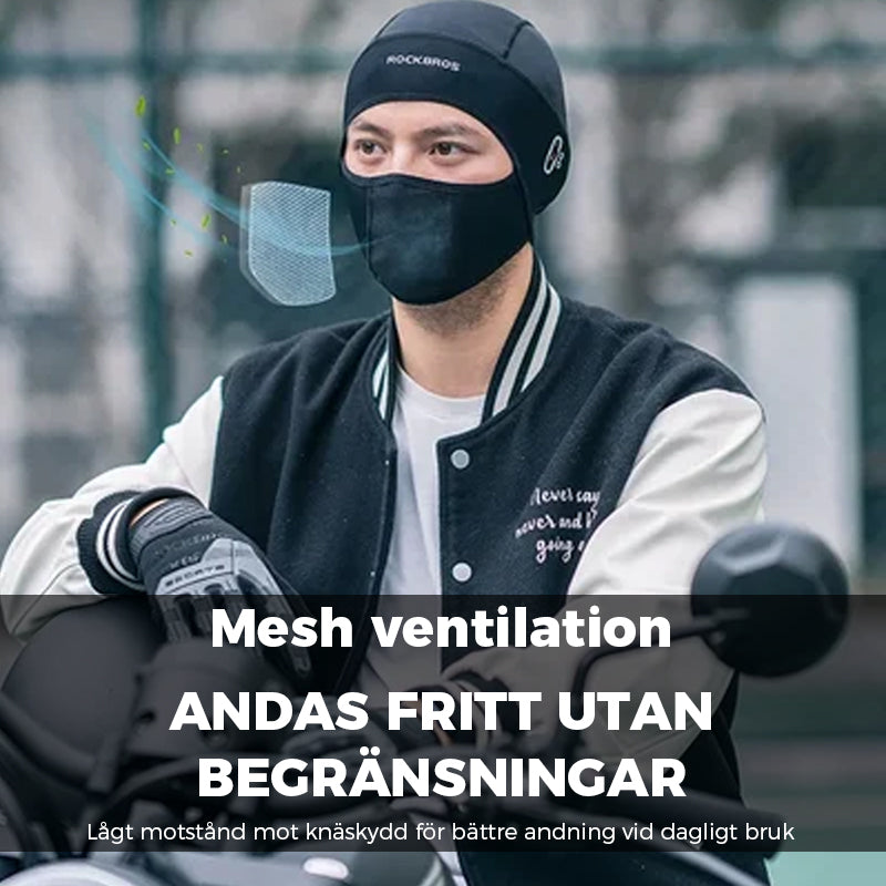 "Stilren unisex cykelmask i is silke, svart, skyddar mot vind och sol vid utomhusaktiviteter, bekväm passform."