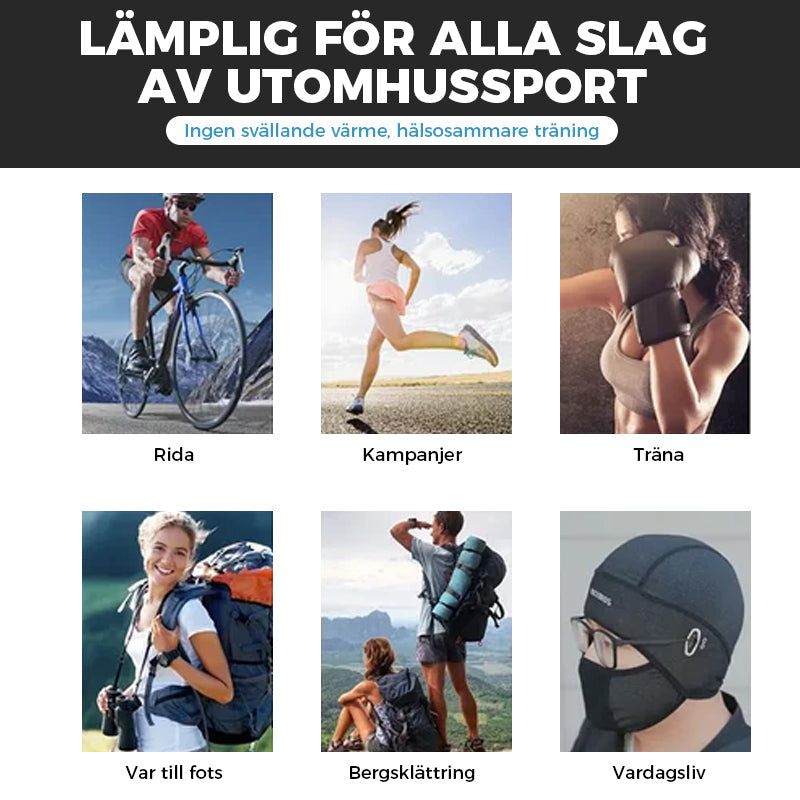 "Stilren unisex cykelmask i is silke, svart, skyddar mot vind och sol vid utomhusaktiviteter, bekväm passform."