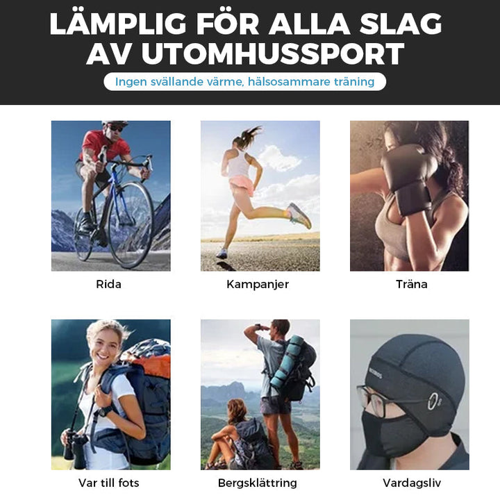 "Stilren unisex cykelmask i is silke, svart, skyddar mot vind och sol vid utomhusaktiviteter, bekväm passform."