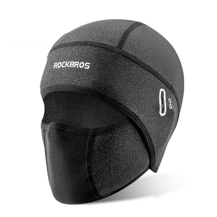 "Stilren unisex cykelmask i is silke, svart, skyddar mot vind och sol vid utomhusaktiviteter, bekväm passform."