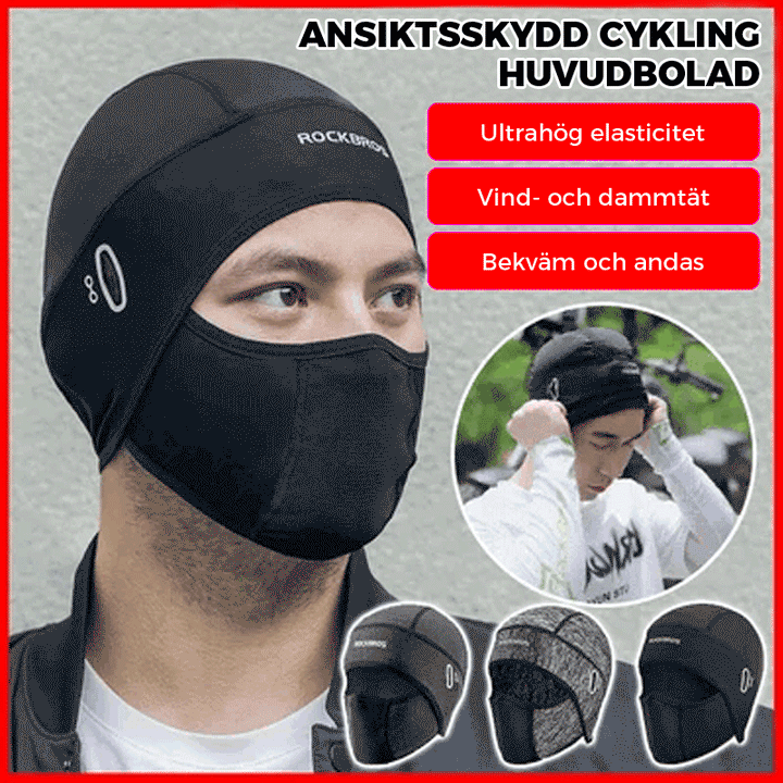 "Stilren unisex cykelmask i is silke, svart, skyddar mot vind och sol vid utomhusaktiviteter, bekväm passform."