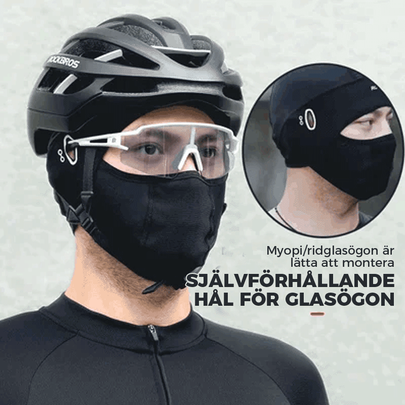 "Stilren unisex cykelmask i is silke, svart, skyddar mot vind och sol vid utomhusaktiviteter, bekväm passform."