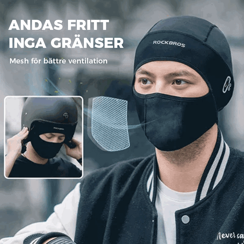 "Stilren unisex cykelmask i is silke, svart, skyddar mot vind och sol vid utomhusaktiviteter, bekväm passform."