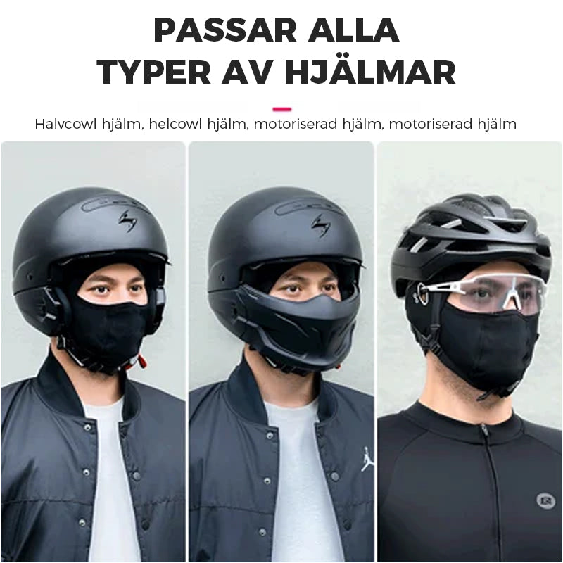 "Stilren unisex cykelmask i is silke, svart, skyddar mot vind och sol vid utomhusaktiviteter, bekväm passform."