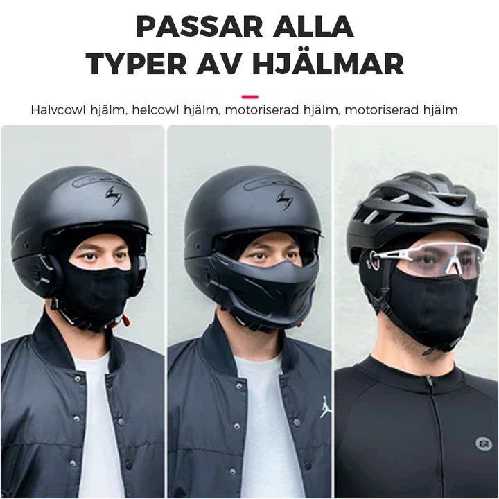 "Stilren unisex cykelmask i is silke, svart, skyddar mot vind och sol vid utomhusaktiviteter, bekväm passform."