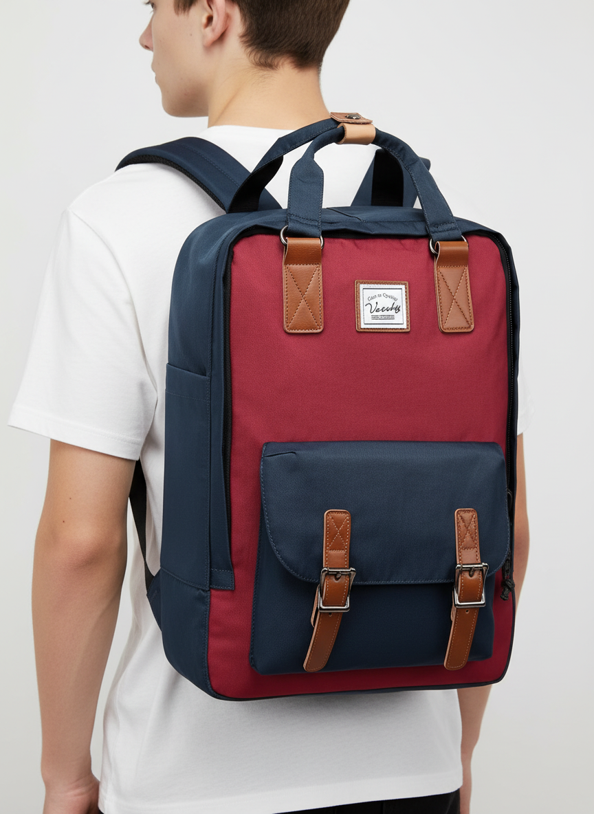 Vintage-inspirerad StylePack laptopryggsäck på ett skrivbord. Stilren & funktionell väska för kontor & skola.