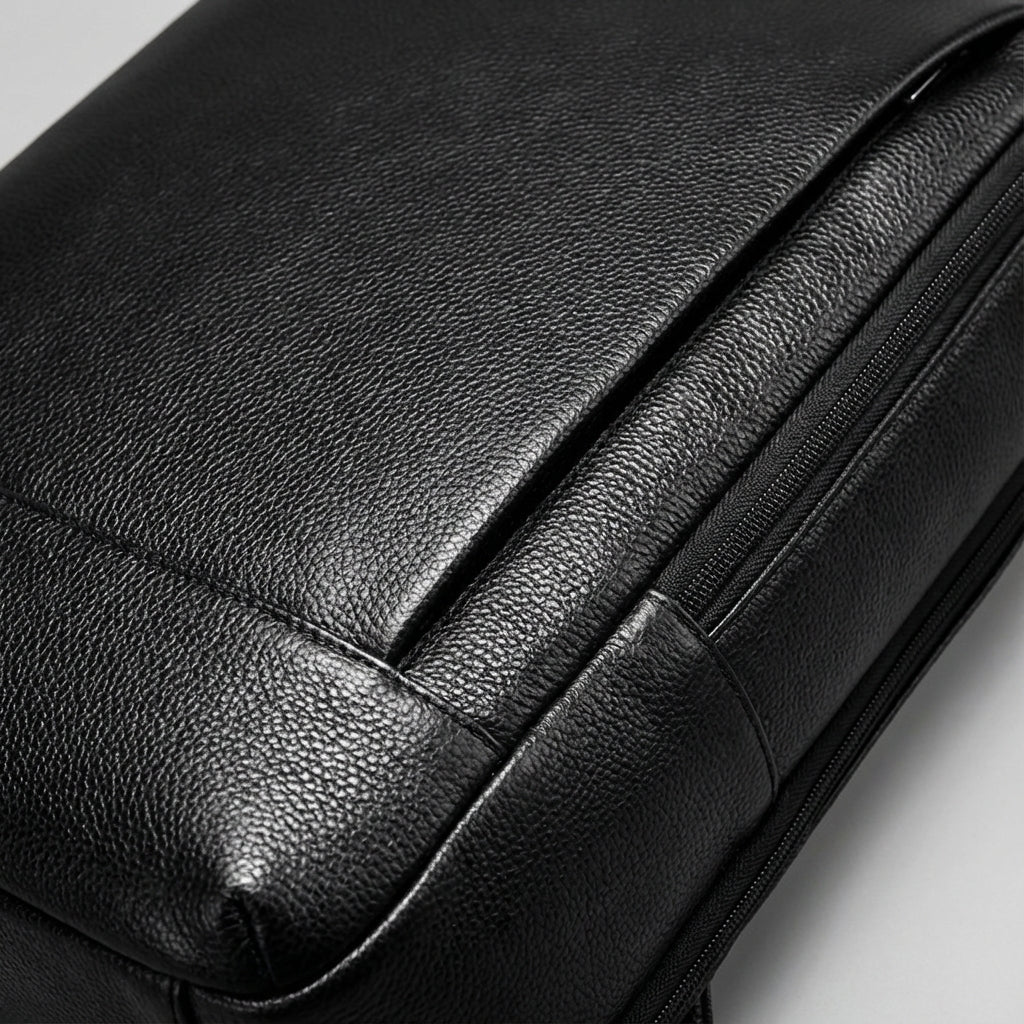 Elegant UrbanLuxe laptopväska i fullnarvsläder, unisex design för 17-tums dator. Perfekt som pendlarväska.