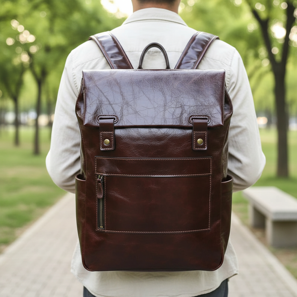 Stilren unisex laptopryggsäck i läder, BackPackPro. Perfekt arbetsväska & reseryggsäck med organiserade fack.