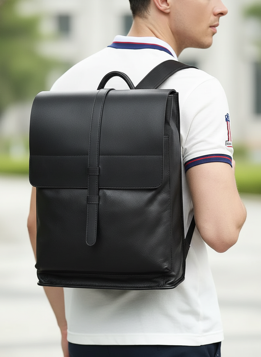 Stilren unisex laptopryggsäck i läder för vardag och arbete. Funktionell väska med plats för laptop.