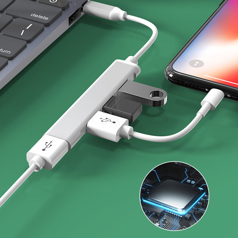 "Stilren USB Typ C HUB i silver med 4 portar för snabb anslutning och höghastighetsöverföring, kompakt och användarvänlig."