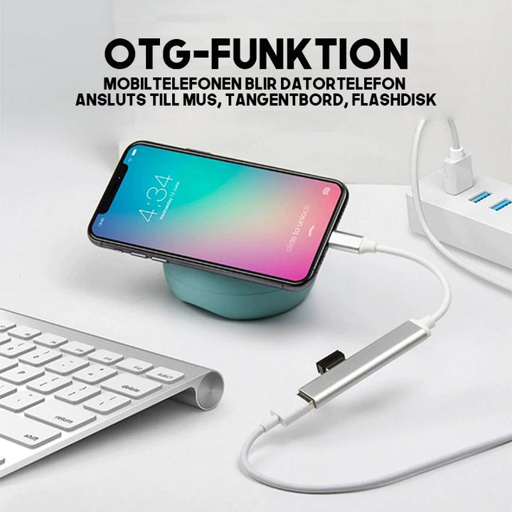 "Stilren USB Typ C HUB i silver med 4 portar för snabb anslutning och höghastighetsöverföring, kompakt och användarvänlig."