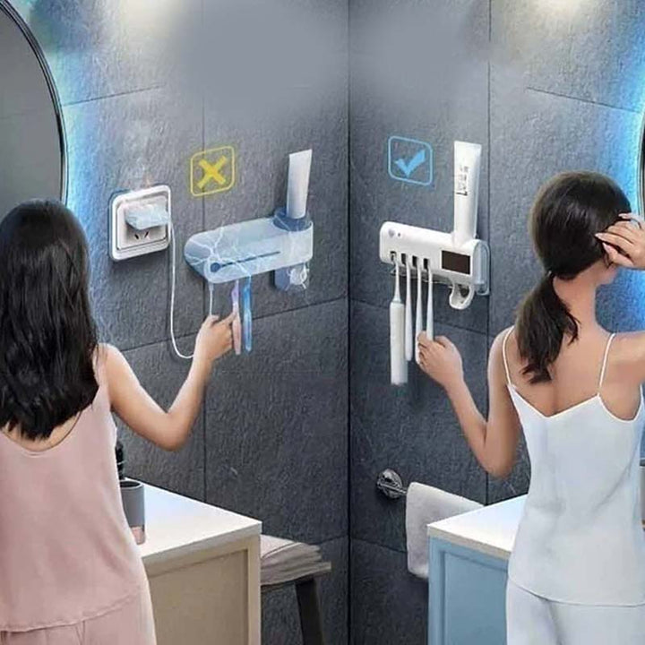 "Stilren UV-tandborsthållare för sterilisering, kompaktdesign, avancerad teknologi, skyddar mot bakterier i moderna badrum."