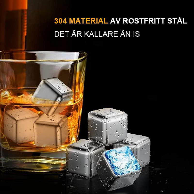 "Stilrena återanvändbara kylkuber i rostfritt stål, perfekta för att kyla drycker utan att späda ut dem."