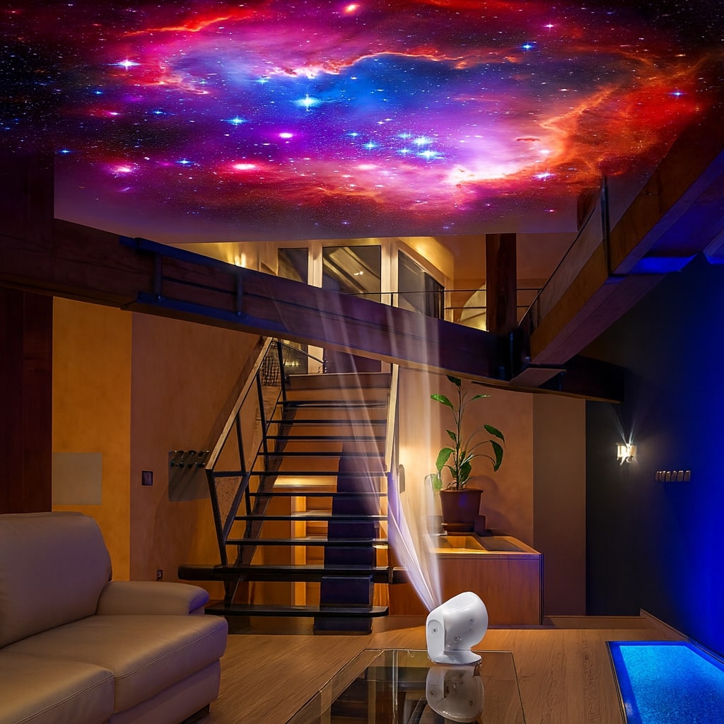 Stjärnhimmel projektor visar färgglada galaxer och lysande stjärnor, skapar magisk rymdatmosfär i hemmet.