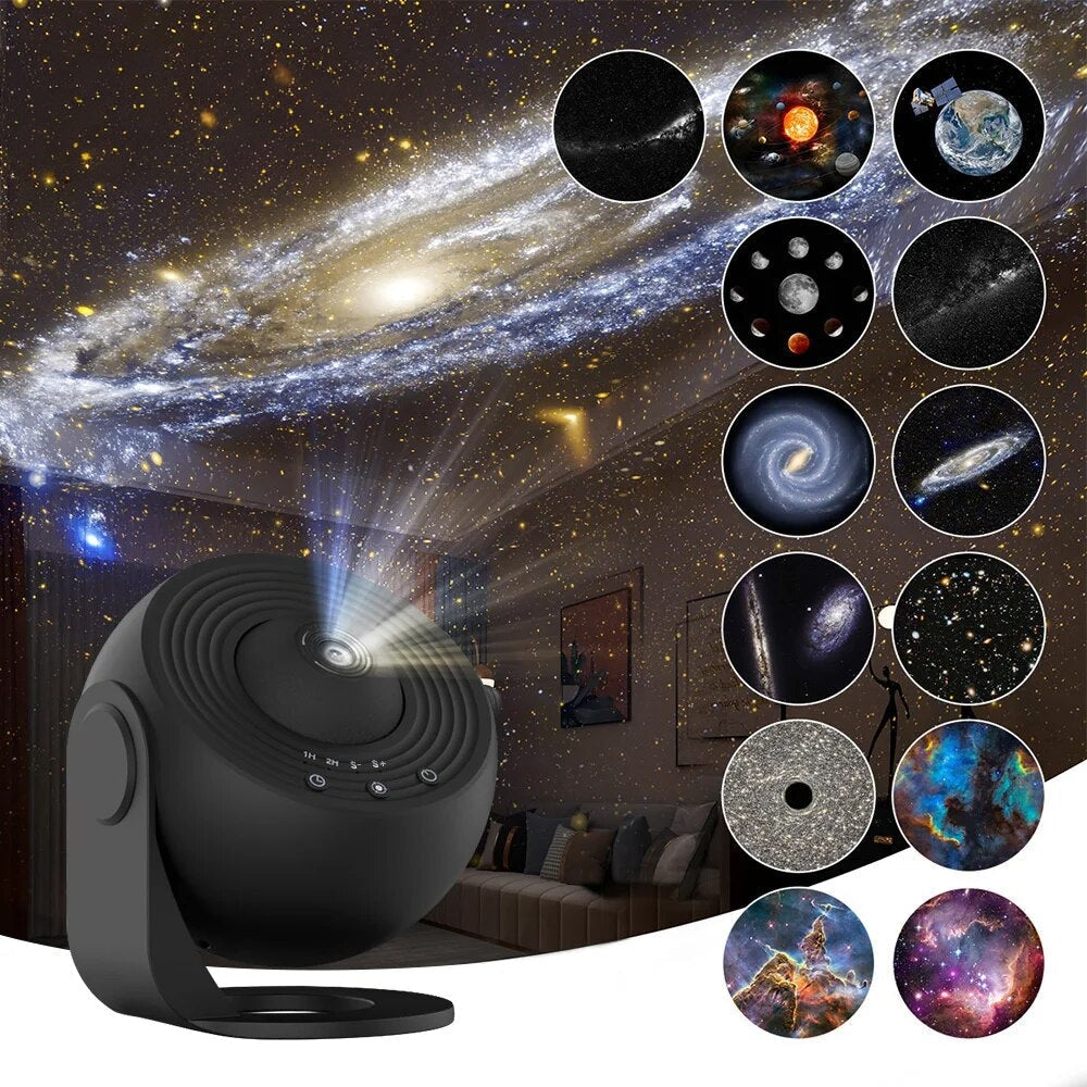 Modern galaxprojektor för heminredning. Kompakt design som projicerar rörliga kosmiska mönster och stjärnor.
